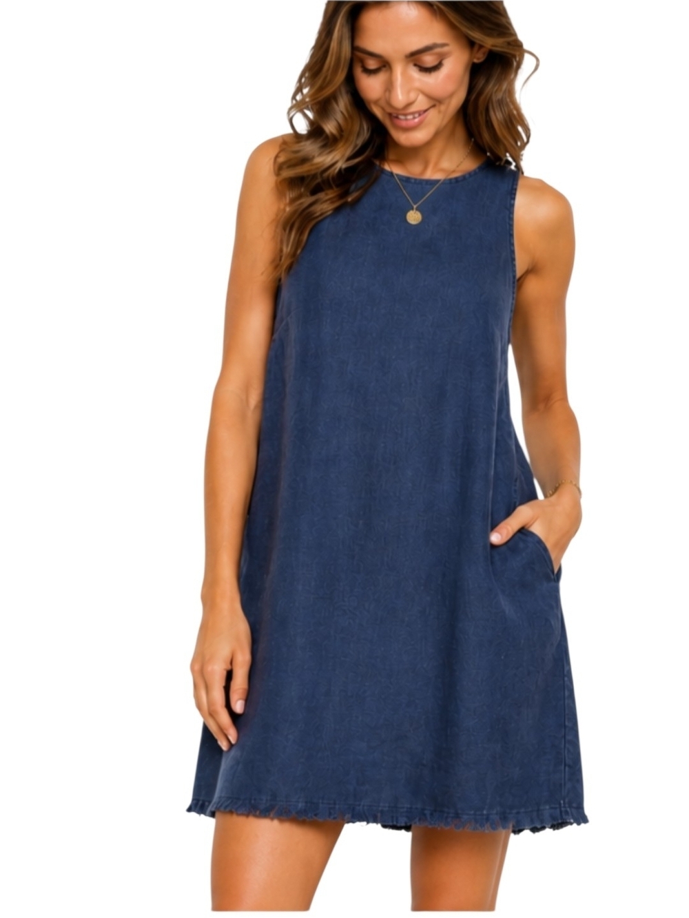 Tommy Bahama Linen Shift Dress Blue Sleeveless Frayed Raw Hem Lined Coastal Sm